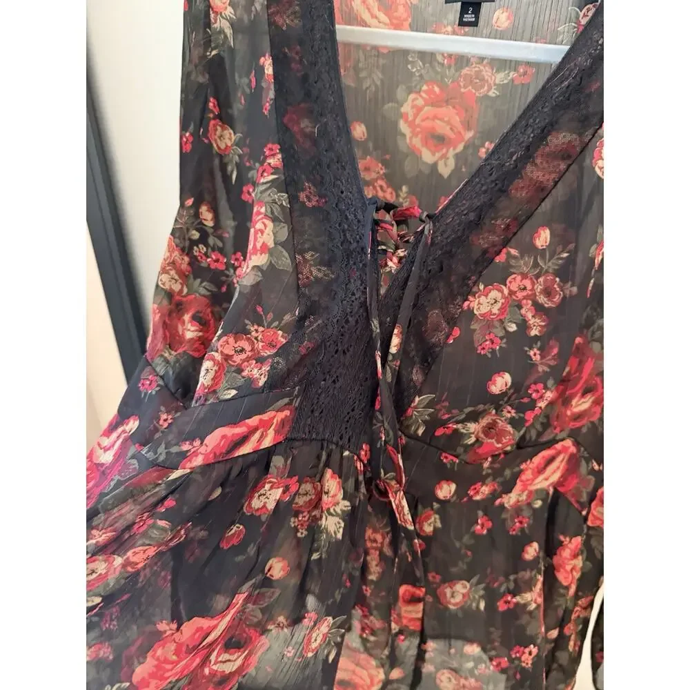 Torrid Top Blouse Black Sheer Red Rose Babydoll Chiffon Floral Plus Size 2 2X
